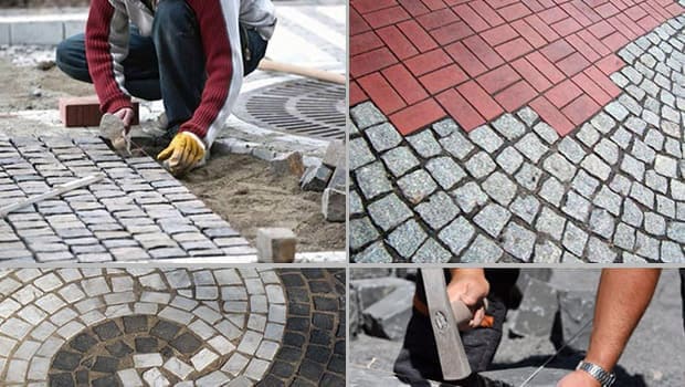 Paving work with clinker, natural stones and Carrara mosaic paving.